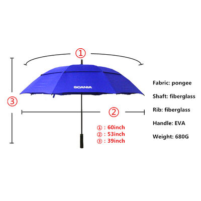 190T Pongee Fabric 8 Ribs Windproof Golf Umbrella With 60 Inch Canopy