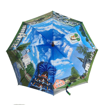46 Inch Auto Open Wooden Handle Umbrella With European Scenery Print
