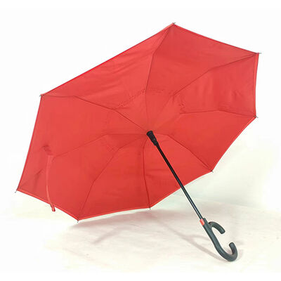 Automatic Open Double Layer Reverse Umbrellas Red C Shaped Handle Reverse Umbrella