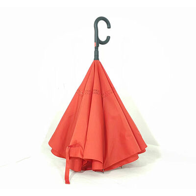 Automatic Open Double Layer Reverse Umbrellas Red C Shaped Handle Reverse Umbrella