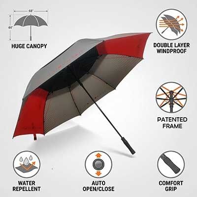 68 Inch Double Canopy Golf Umbrella with 100km/h Windproof and UV30+ Sun Protection