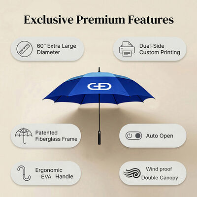 Windproof 60-inch Golf Umbrella with Fiberglass Frame for Promotional Use