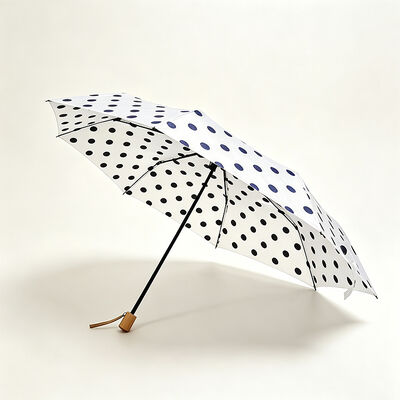 Lightweight Women's Polka Dot Travel Umbrella with Solid Wood Handle - Portable 3 Fold Parasol