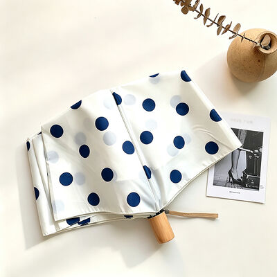 Lightweight Women's Polka Dot Travel Umbrella with Solid Wood Handle - Portable 3 Fold Parasol