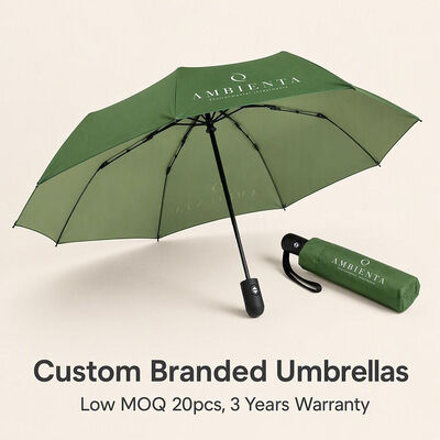 Custom Branded Auto Open Close Compact Folding Umbrella with 8 Fiberglass Windproof Ribs and 190T Waterproof Pongee