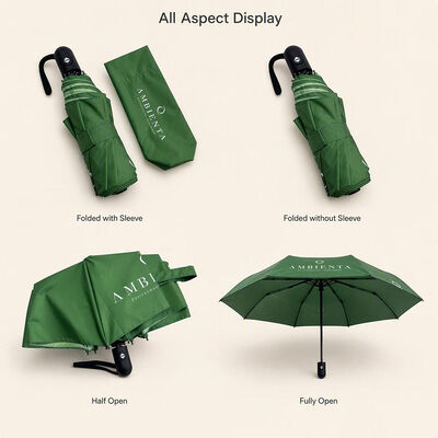 Custom Branded Auto Open Close Compact Folding Umbrella with 8 Fiberglass Windproof Ribs and 190T Waterproof Pongee
