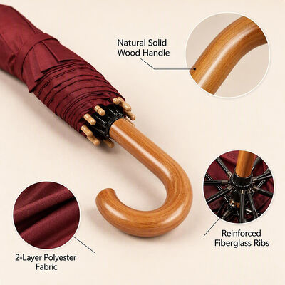 Regal Lady 46-inch Double-Layer Umbrella with Solid Wood Shaft and UV-Resistant Fabric