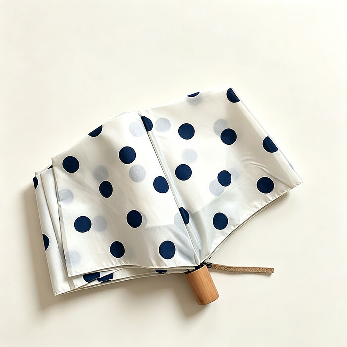 Lightweight Women's Polka Dot Travel Umbrella with Solid Wood Handle - Portable 3 Fold Parasol