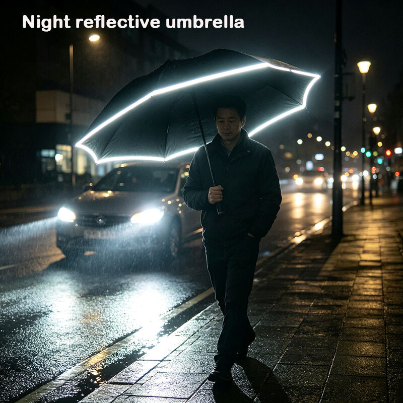 Automatic Folding Umbrella with Built-in LED Flashlight Night Reflective Strips and Aluminum Fiberglass Frame