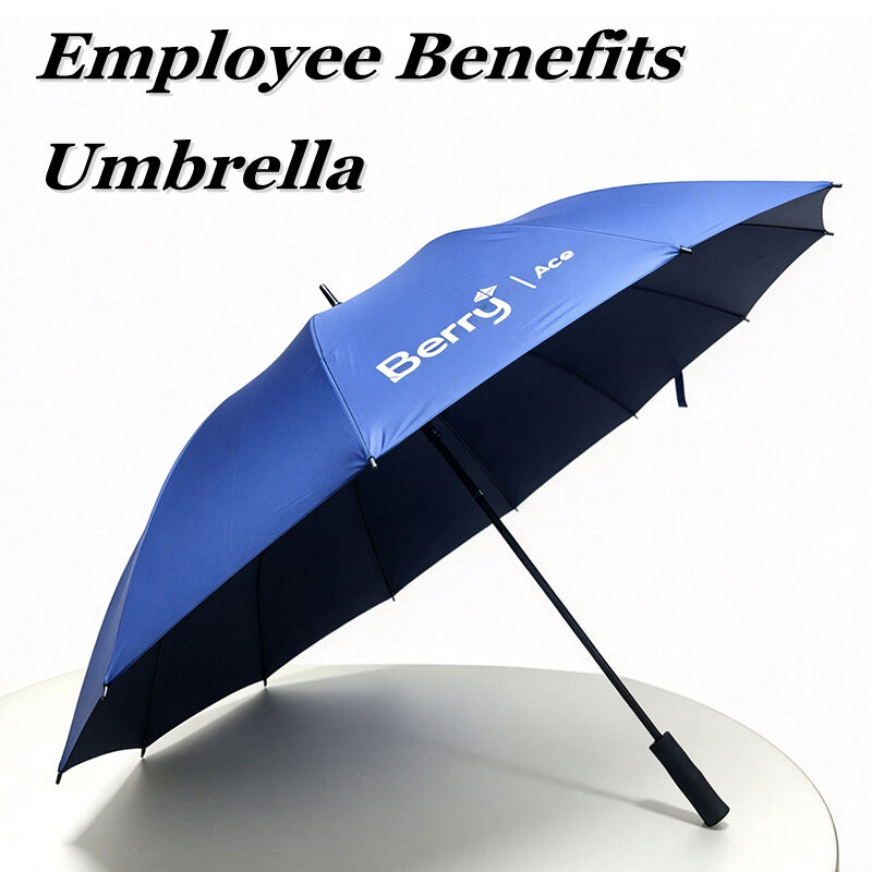 Custom Navy Blue Straight Umbrella with UV Protection UPF 50+, Fiberglass Ribs, and Logo Printing for Employee Benefits